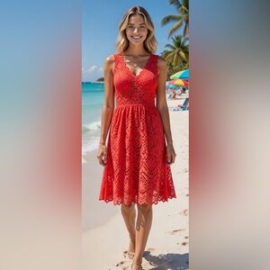 Adrianna Papell Vibrant Coral Lace Midi Dress